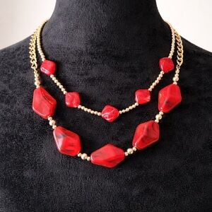 Double Strand Red Marbled Statement Necklace | Gold Tone Beaded Layered Necklace